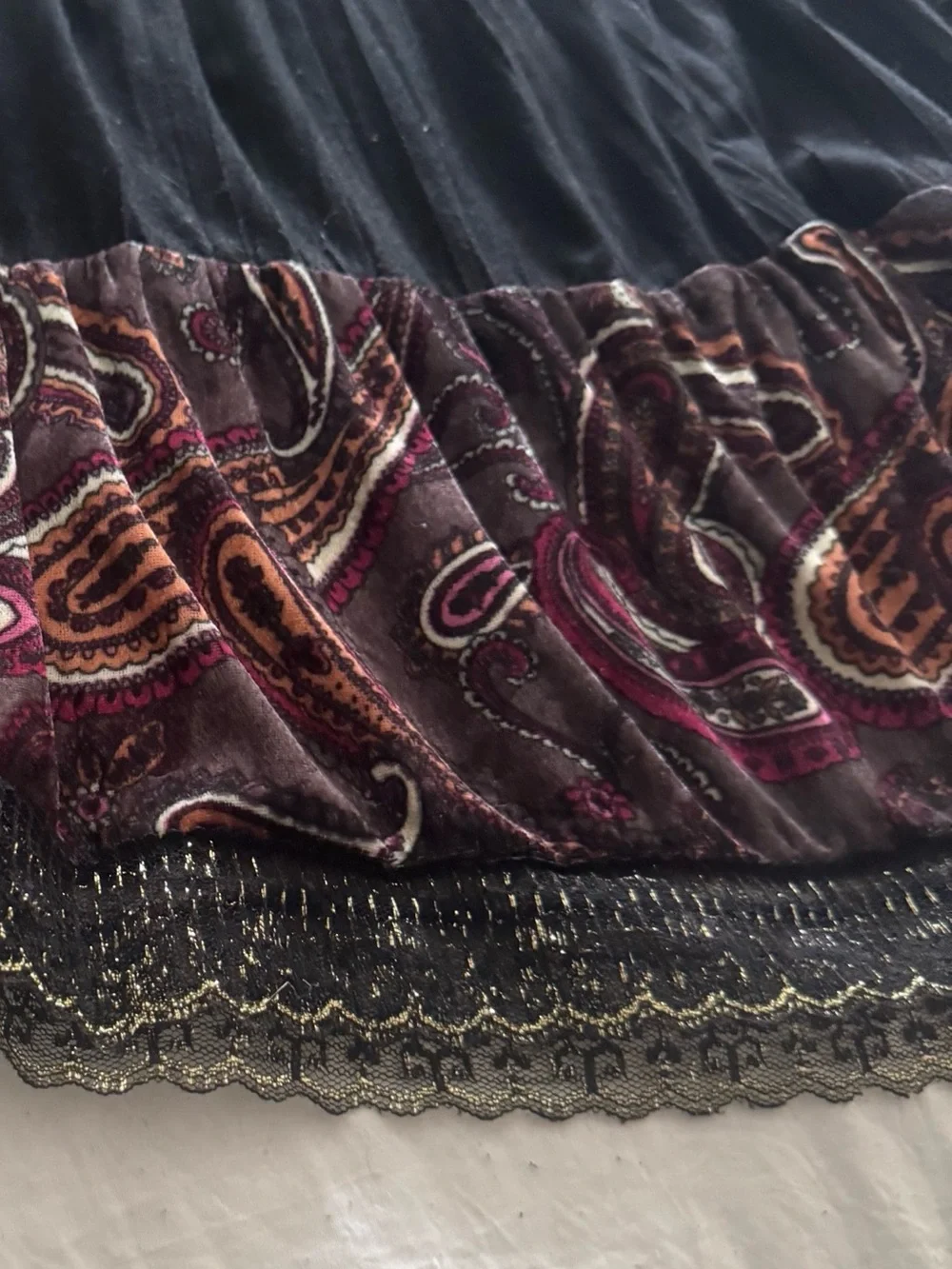 Vintage 90s FANG Whimsigoth Tiered Paisley Maxi Skirt Burgundy Black